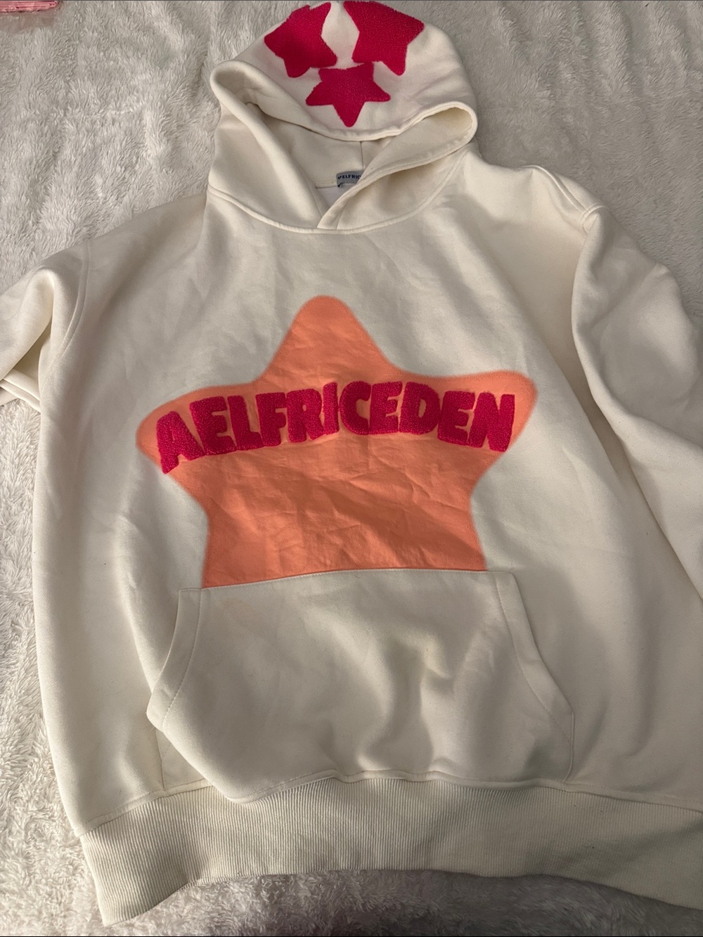 Aelfric Eden Cream Hoodie with Orange Star and Pink Logo